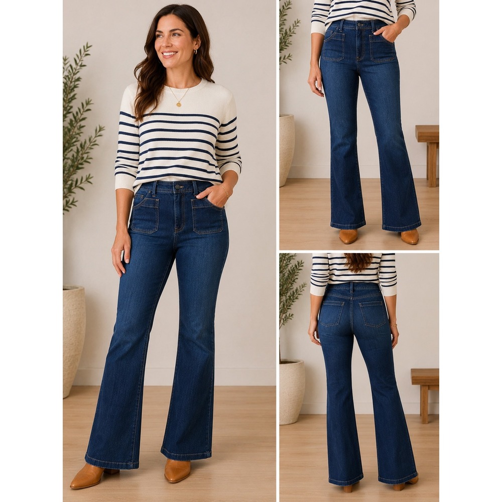 Talbots Alice Dark Wash High Rise Flare Jeans Womens Size 8 Patch Pocket